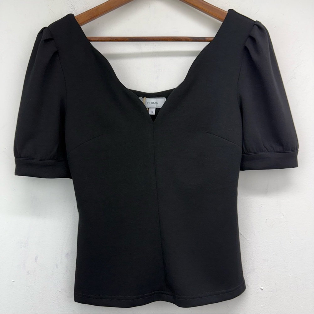 RIHOAS size Small Women’s Black Puff Sleeve V-neck Blouse NWT
